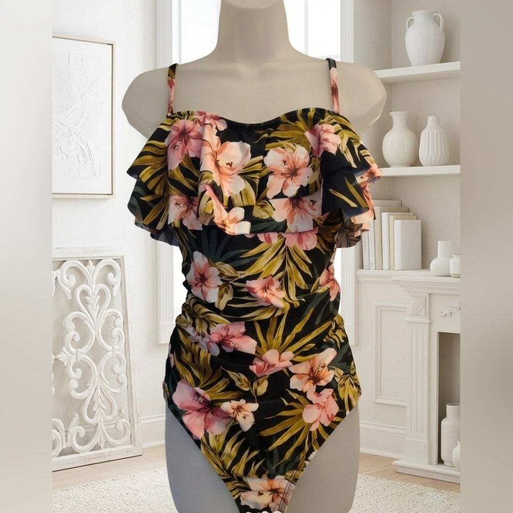​Kona Sol Tropical Print Ruffle One-Piece Swimsuit
